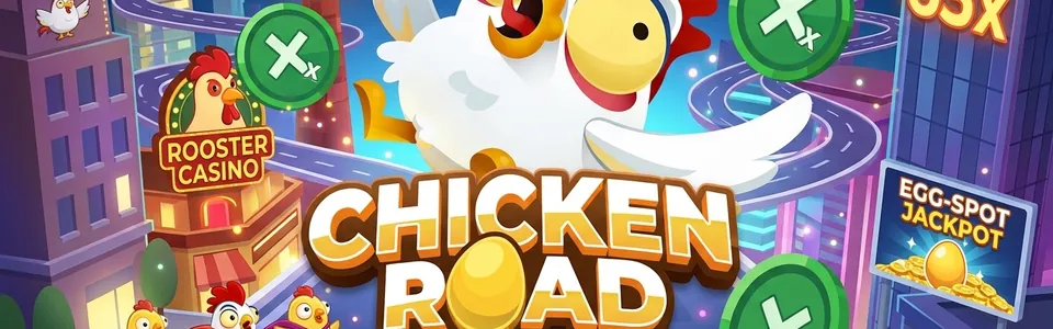 Poule et multiplicateurs verts du jeu Chicken Road devant le panneau Egg-Spot Jackpot